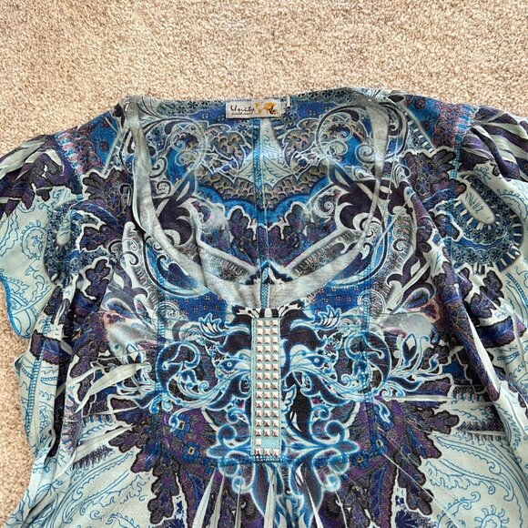Y2K Floral Flowy Blue Flutter Sleeve Scoop Neck Stretchy Top - Picture 6 of 8